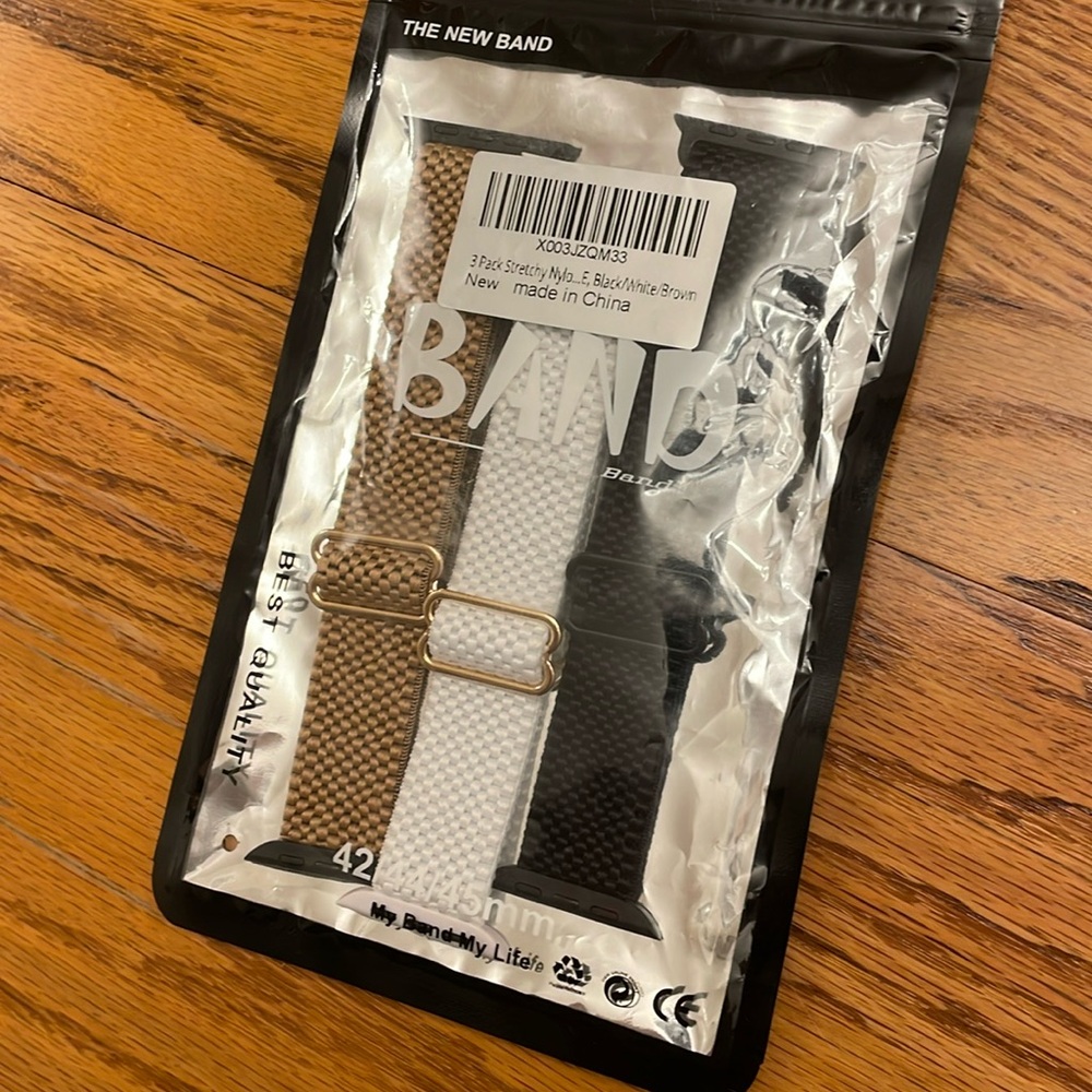 3 Pk Stretchy Nylon Watch Bands. Fits 42/44/45mm Apple Watch. Blk/Wh/Brn .NEW!!